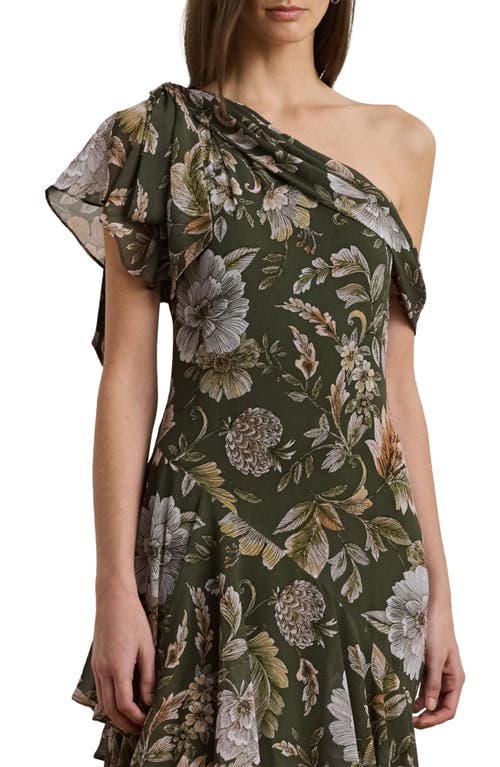 Shop Ralph Lauren Lauren Floral One-shoulder Georgette Gown In Olive Multi