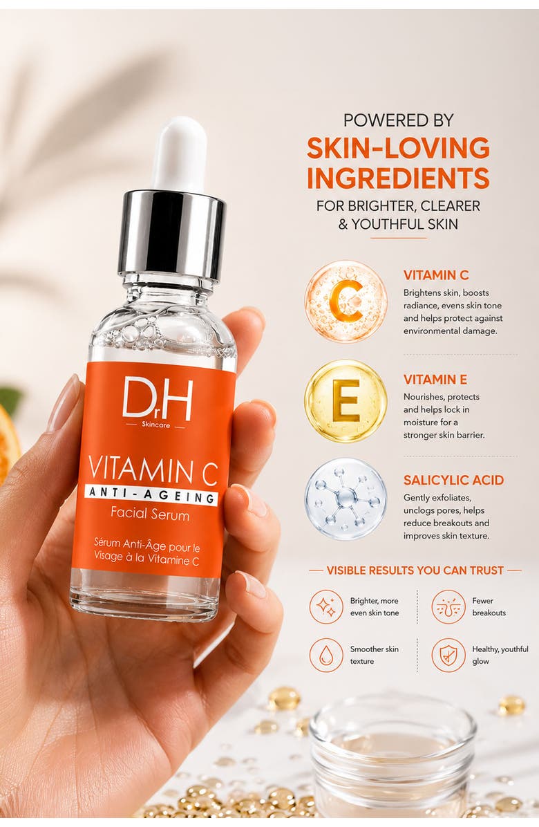 Dr H Anti-Ageing Vitamin C Facial Serum 30ml for Acne & Blemishes, Large Pores, Alternate, color, White