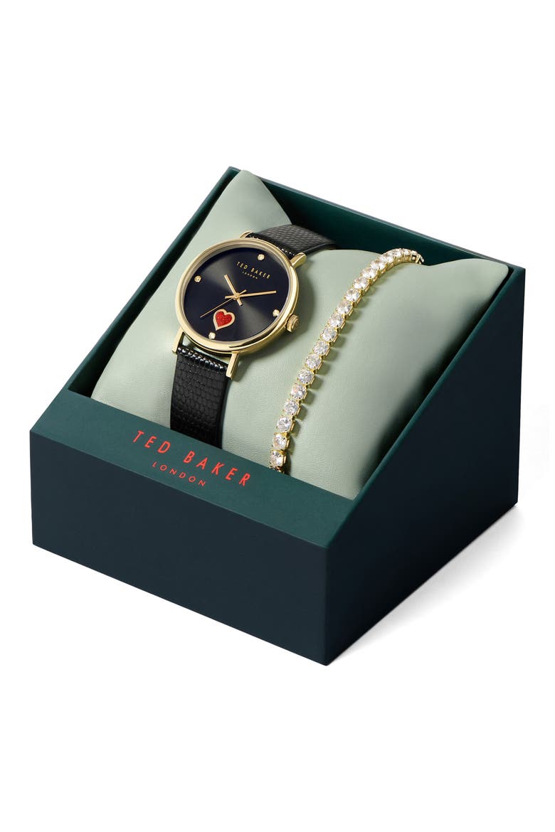 Phylipa Leather Strap Watch & Bracelet Set, 34mm, Alternate, color, YELLOW GOLD/ BLACK/ BLACK