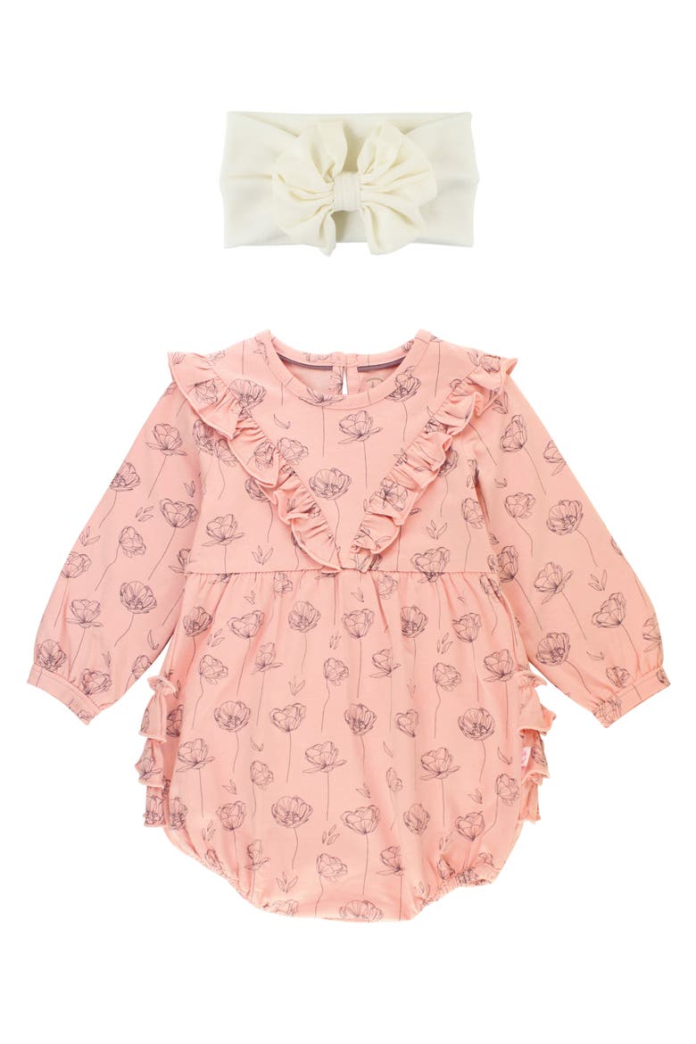 Floral Ruffle Romper & Headband Set, Main, color, PINK
