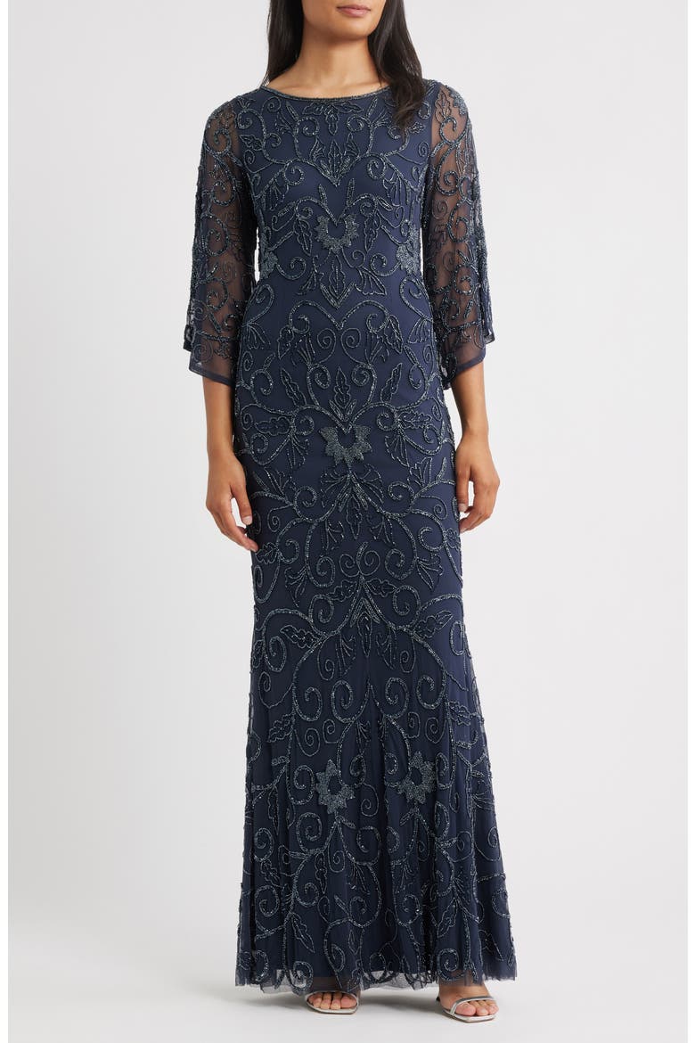 Beaded Three Quarter Sleeve Gown, Main, color, SLATE