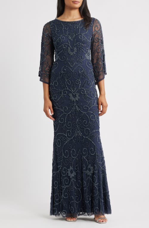Pisarro Nights Beaded Three Quarter Sleeve Gown In Blue
