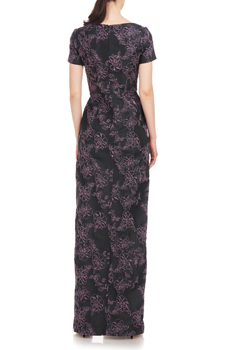 Rosalyn Floral Short Sleeve Column Gown, Alternate, color, BLACK/ DARK LAVENDER