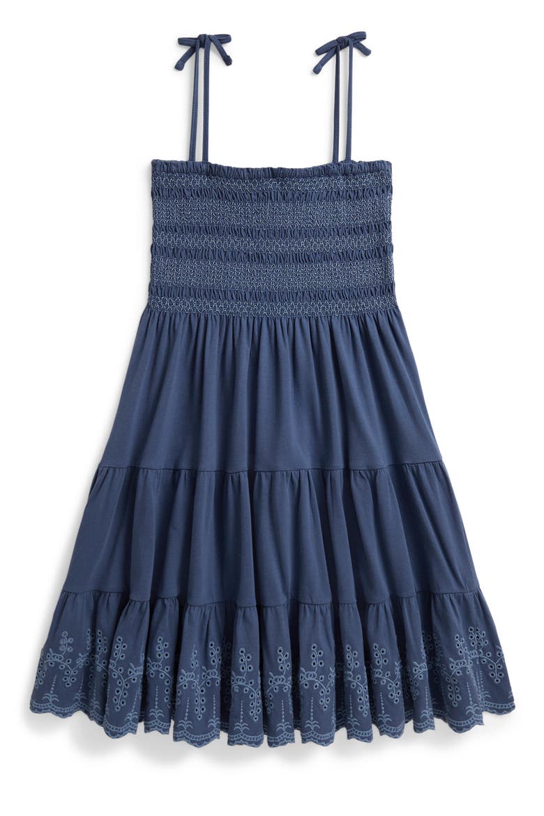 Kids' Smocked Bodice Tiered Cotton Jersey Sundress, Alternate, color, EARTH BLUE
