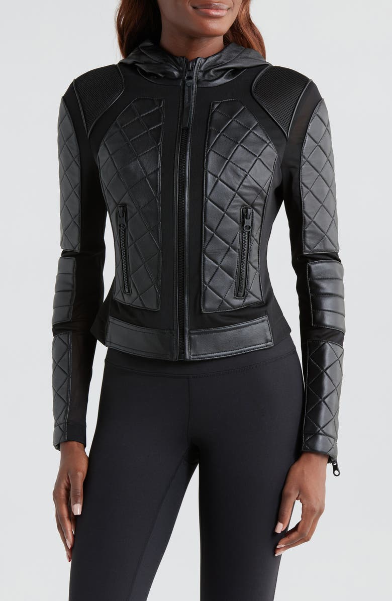Blanc Noir Leather & Mesh Hooded Moto Jacket, Main, color,