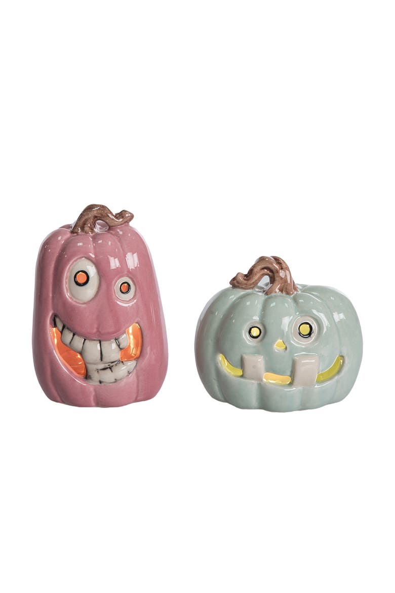 Ceramic LED Pastel Halloween Pumpkin Set of 2 Decorative Sculptures Multicolor Battery Operated Indoor Decor, Main, color, Multicolored