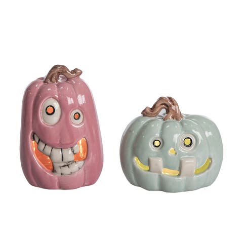 Ceramic LED Pastel Halloween Pumpkin Set of 2 Decorative Sculptures Multicolor Battery Operated Indoor Decor