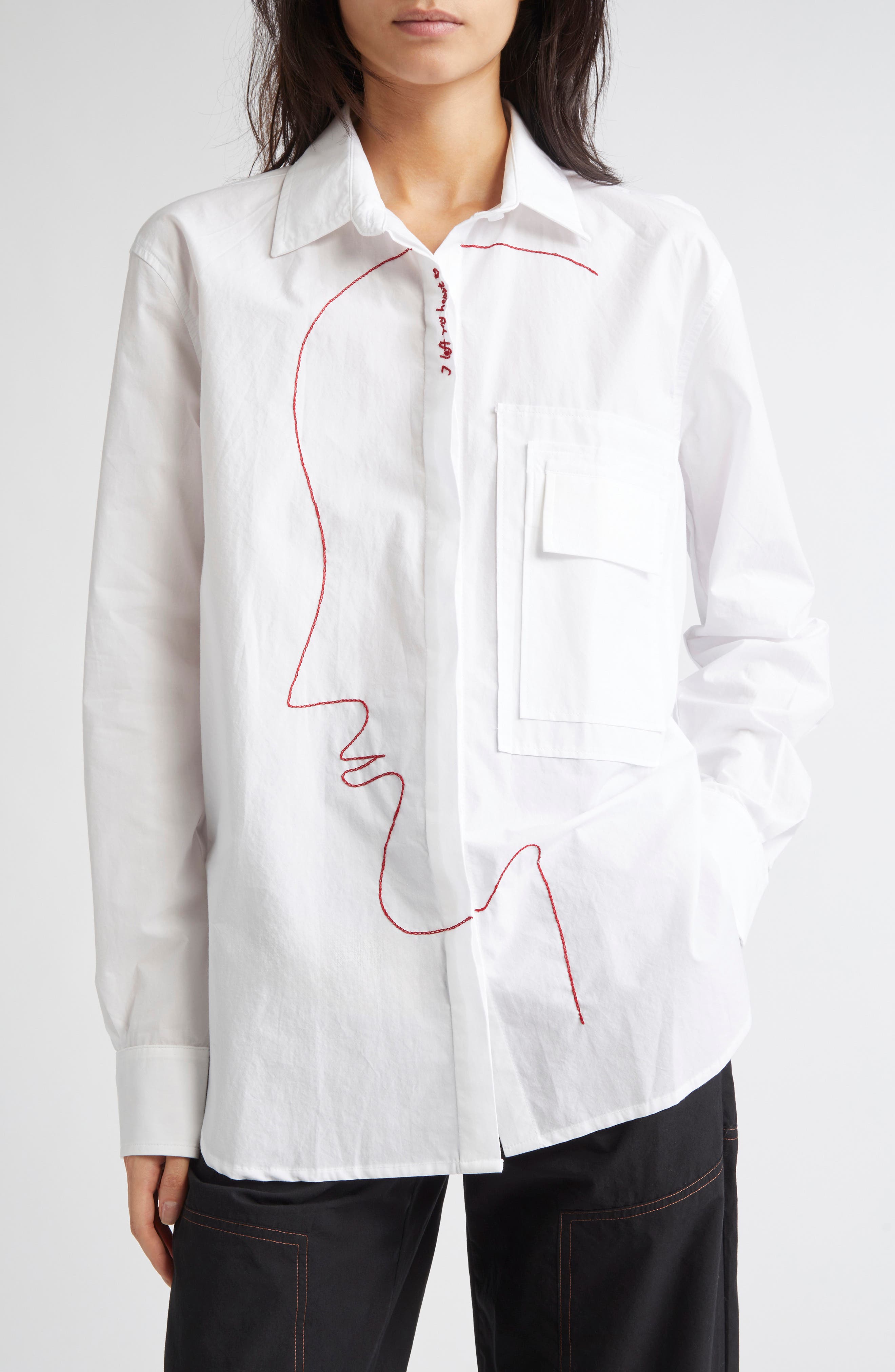 KÚR Hand-Embroidered Face Side Profile Oranbic Cotton Button-Up Shirt in White 