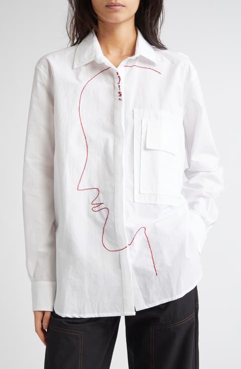 Hand-Embroidered Face Side Profile Oranbic Cotton Button-Up Shirt