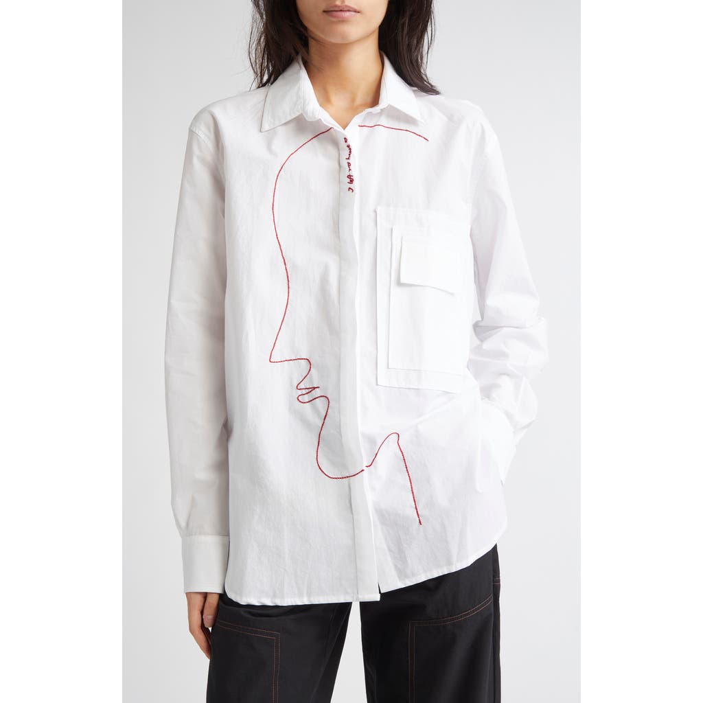 KÚR Hand-Embroidered Face Side Profile Oranbic Cotton Button-Up Shirt in White  product
