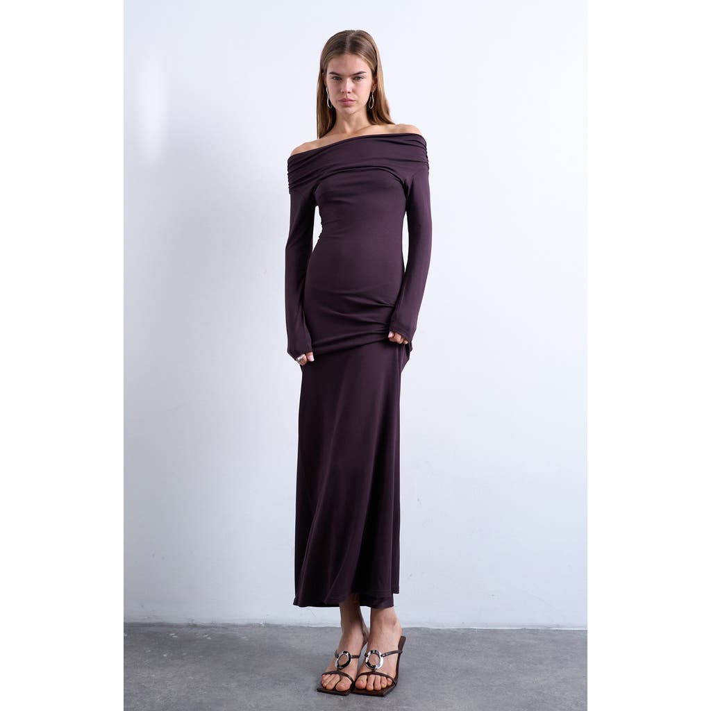 Topshop Off The Shoulder Long Sleeve Maxi Dress In Purple