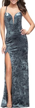 La Femme Crushed Velvet Form Fitting Gown with Leg Slit and Open Back