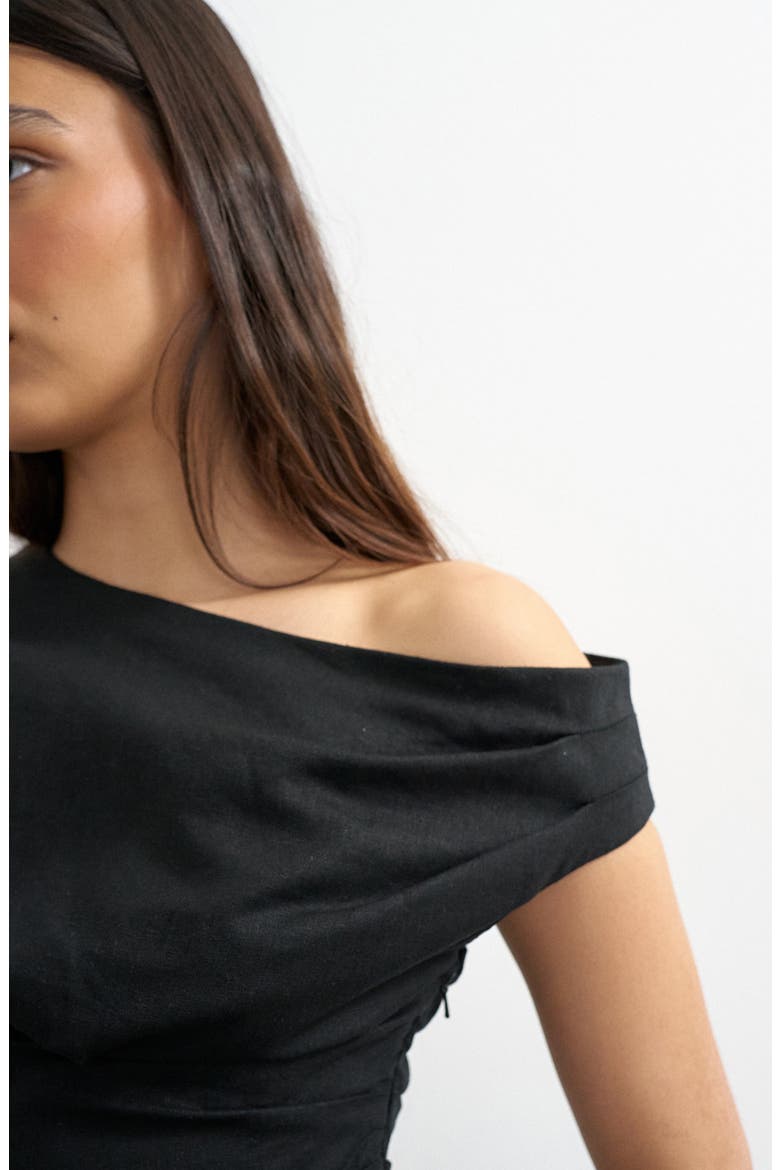 Off the Shoulder Ruched Pleat Waist Top, Alternate, color, BLACK