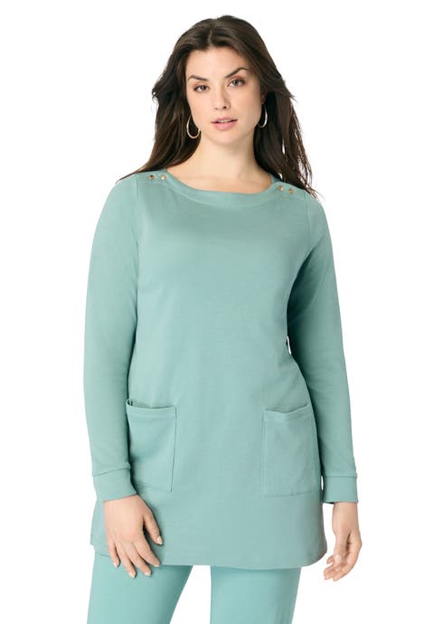 Snap Button Boatneck Soft Knit Tunic (Plus)