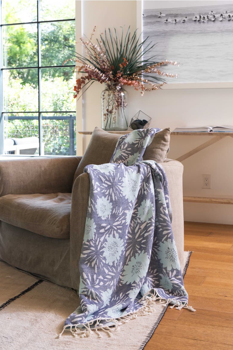 Flower Pop Organic Cotton Medium Weight Throw Blanket, Alternate, color, Navy with Mint Flowers