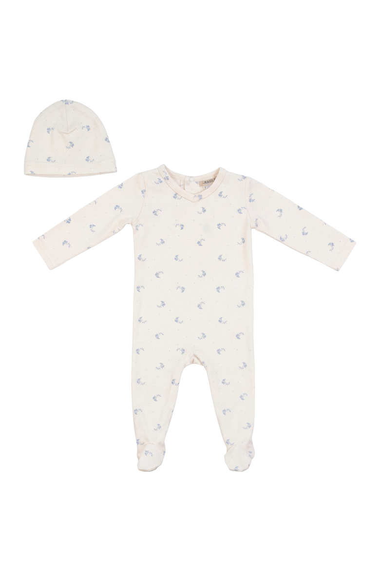 Boy Cotton Floral Romper with Matching Hat, Main, color, Blue/Natural