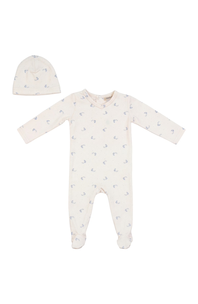 Fragile Boy Cotton Floral Romper with Matching Hat, Main, color, Blue/Natural