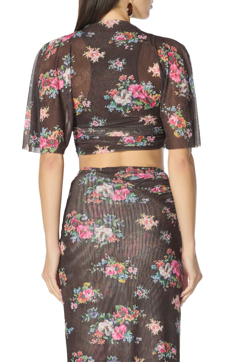 Kailie Ruched Flutter Sleeve Mesh Crop Top, Alternate, color, JAVA SNAKE FLORAL
