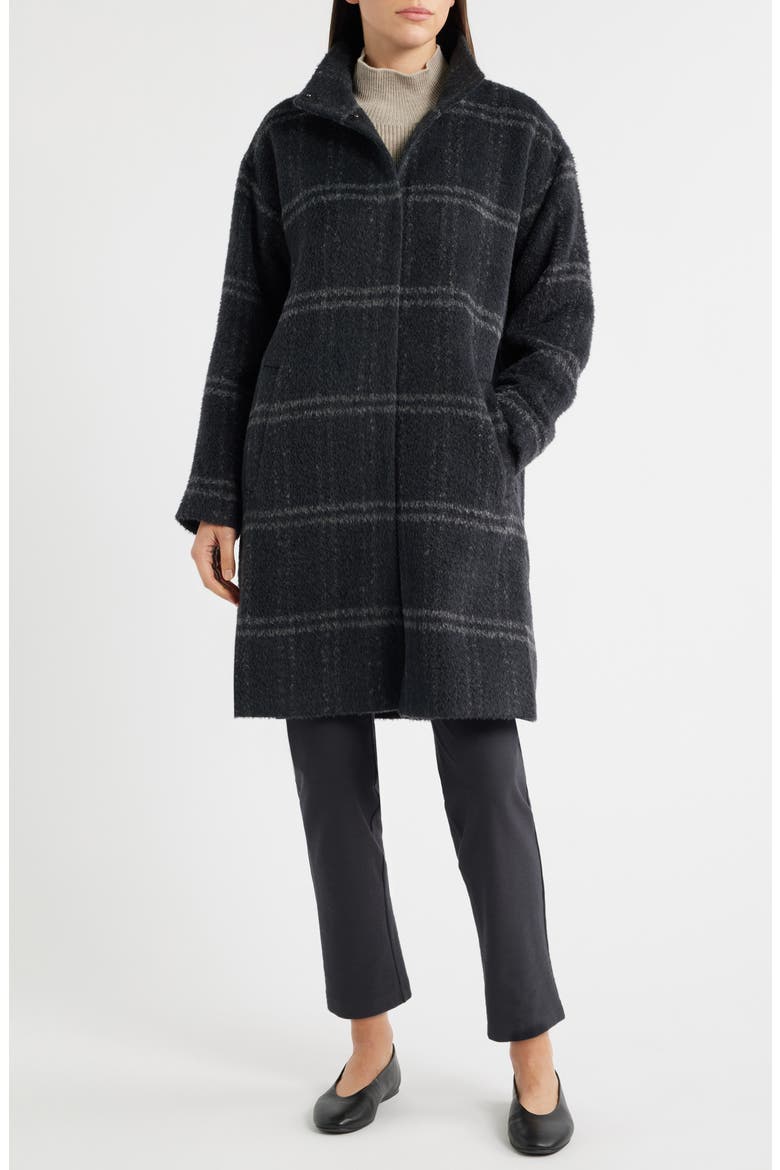 Plaid Stand Collar Alpaca & Wool Blend Coat, Alternate, color, CHARCOAL