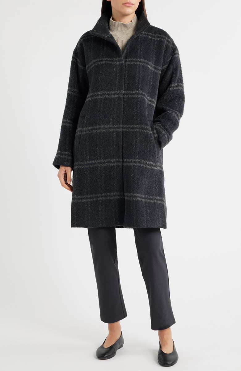 Eileen Fisher Plaid Stand Collar Alpaca & Wool Blend Coat, Alternate, color, Charcoal