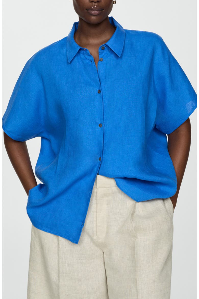 Short Sleeve Linen Button-Up Shirt, Alternate, color, INK BLUE