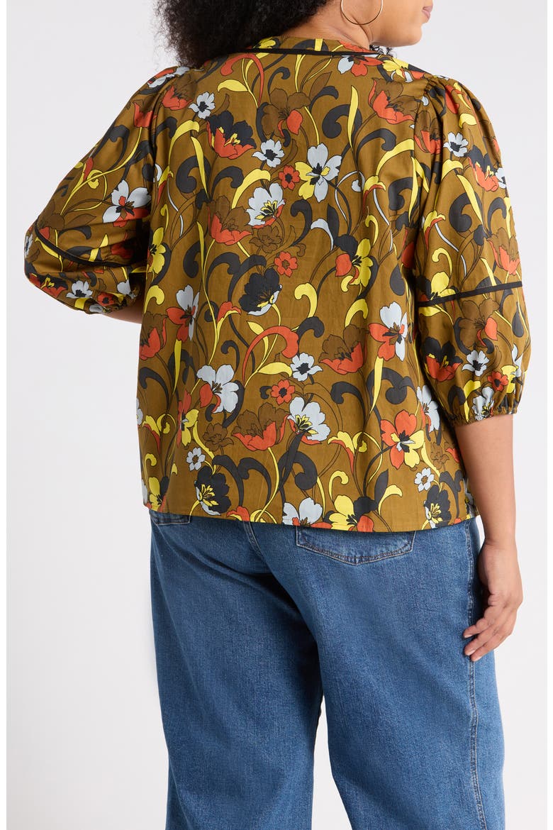 Floral Print Split Neck Cotton Top, Alternate, color, BROWN MULTI
