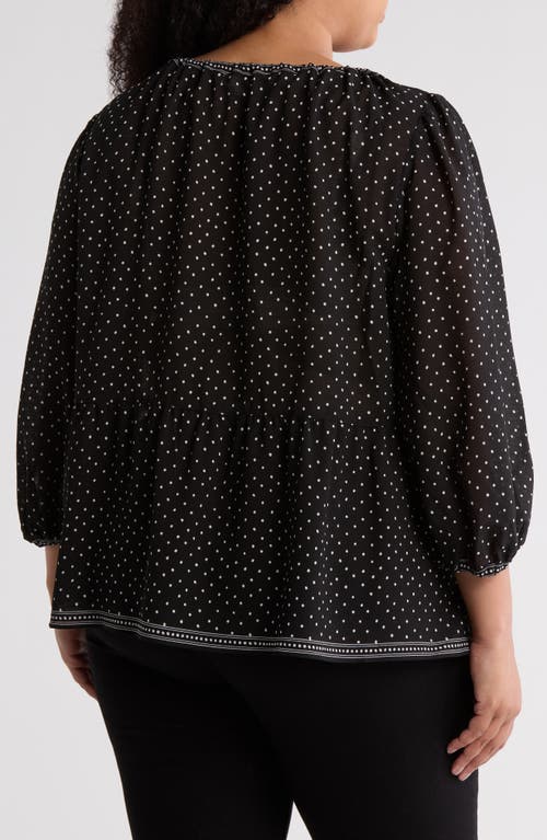 Max Studio Dot Print Tie Keyhole Long Sleeve Top In Black