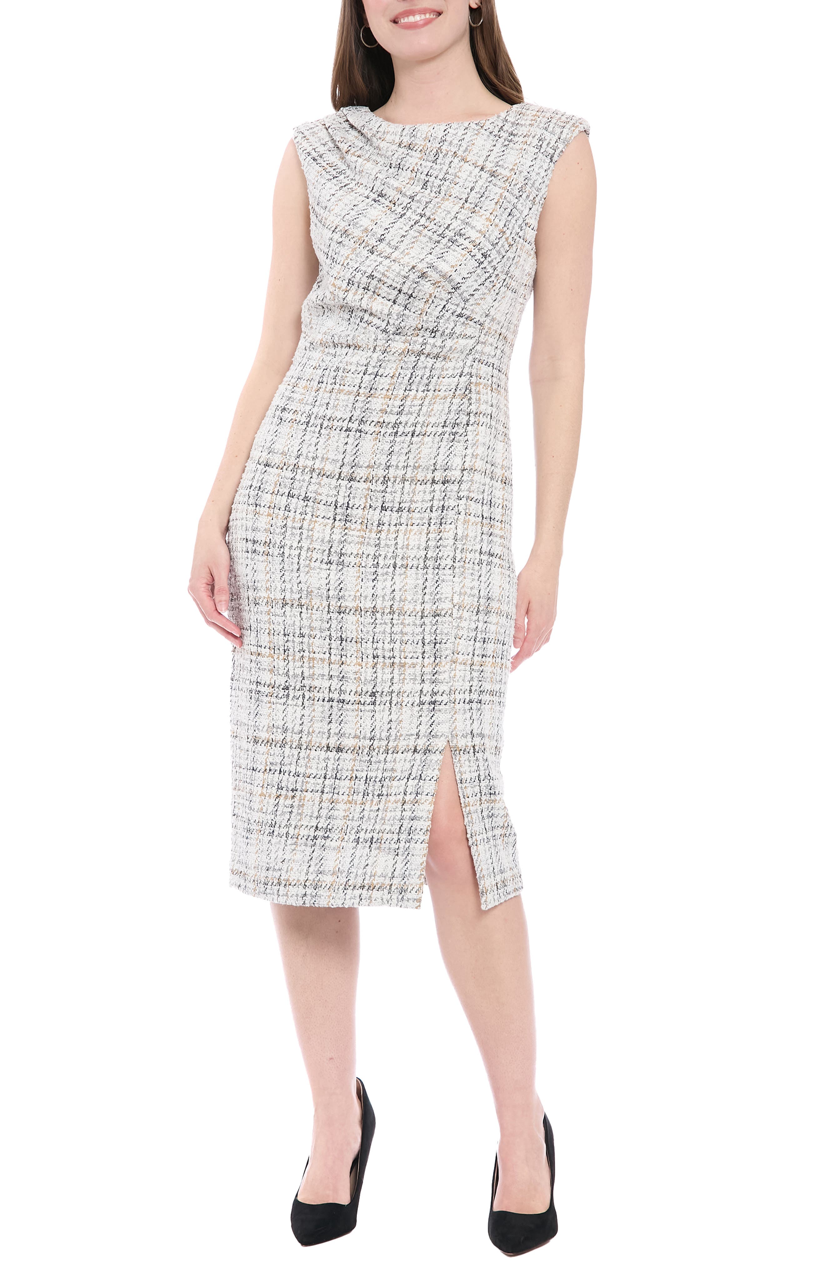 London Times Plaid Sleeveless Bouclé Midi Sheath Dress