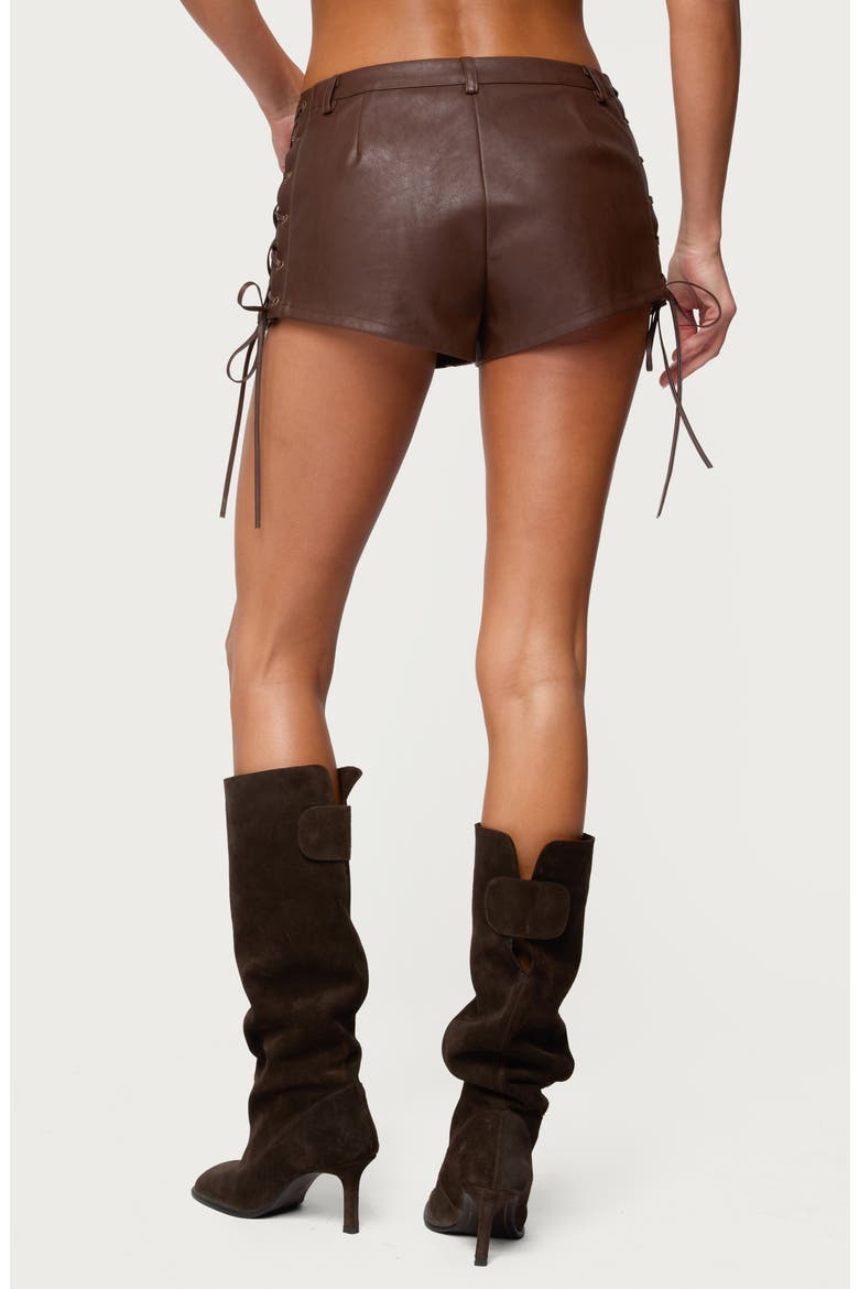Kariss Lace Up Faux Leather Mini Shorts, Alternate, color, BROWN