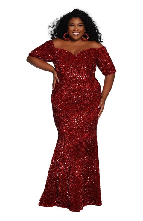 Velvet Sequin Short Sleeve Plus Size Evening Gown