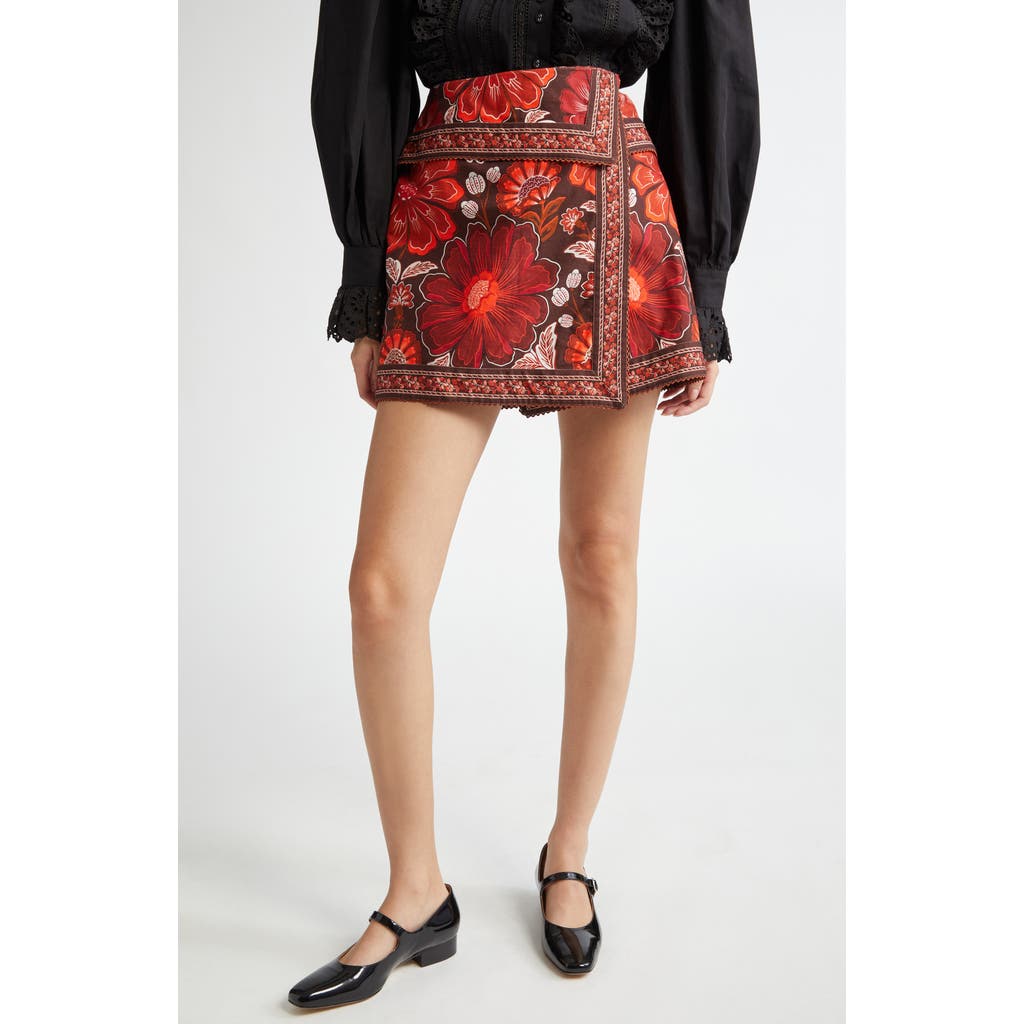 Farm Rio Wrap-effect Floral-print Cotton-twill Mini Skirt In Gigi Tapestry Brown