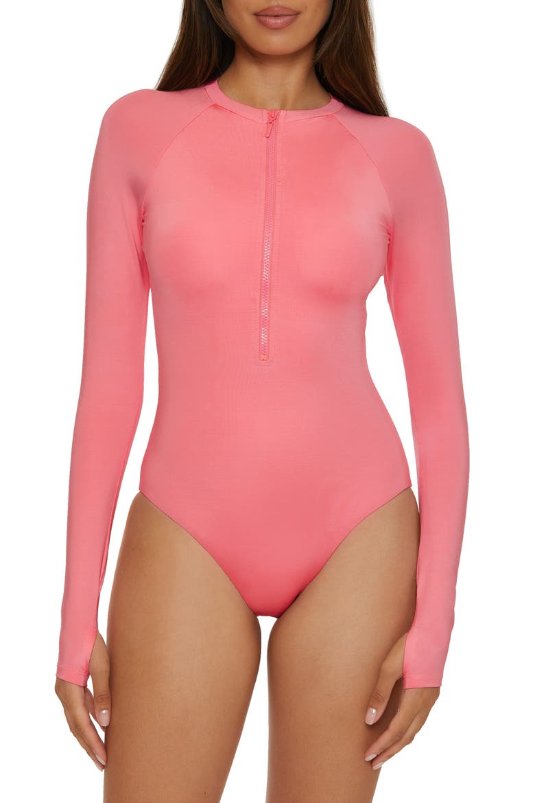 Half Zip Long Sleeve One-Piece Rashguard Swimsuit, Alternate, color, GARDEN PINK