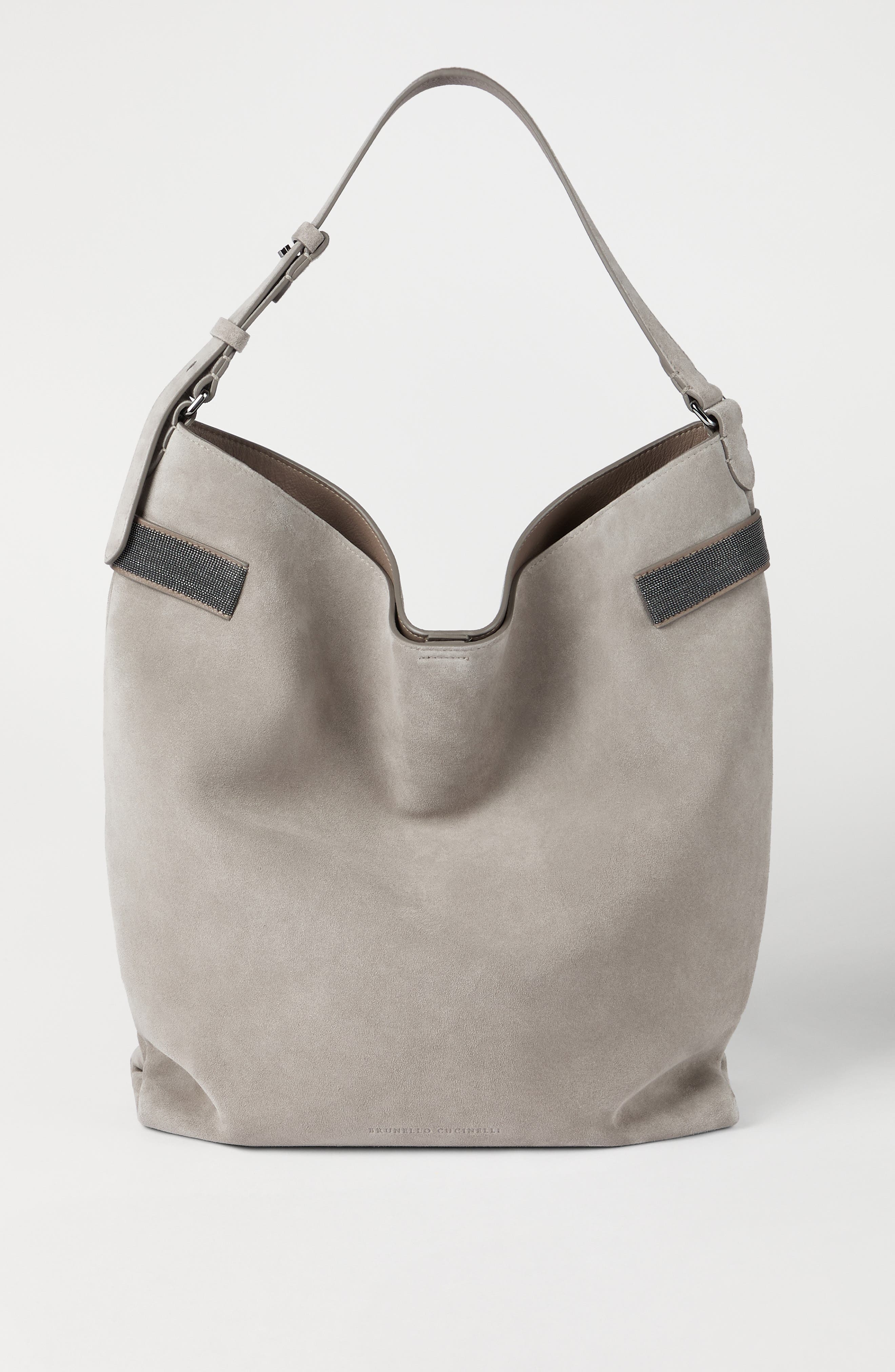 Brunello Cucinelli Suede essence hobo bag, Alternate, color, Light Grey