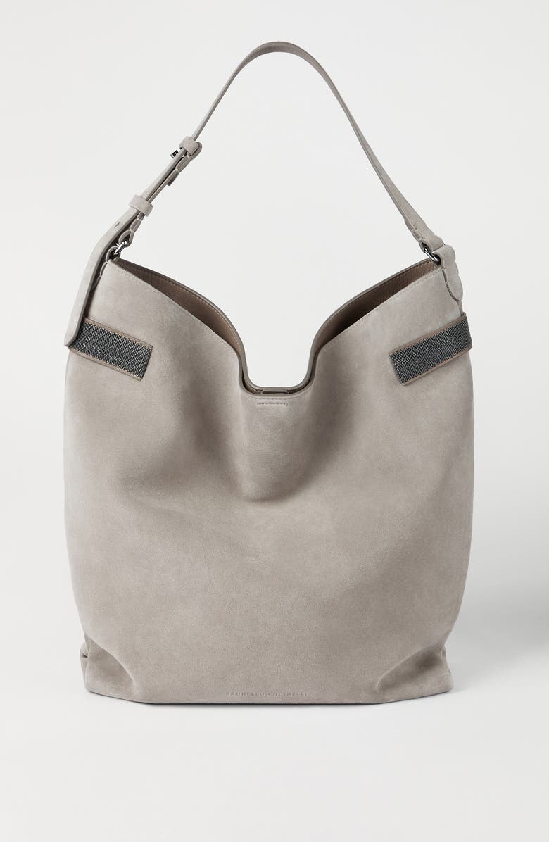 Brunello Cucinelli Suede essence hobo bag, Alternate, color, Light Grey