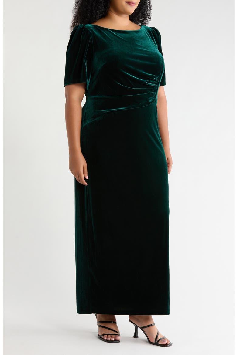 Ruched Puff Shoulder Velvet Gown, Alternate, color, HUNTER
