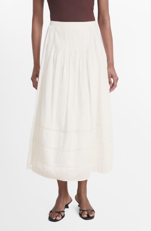Pleated Lace Trim Cotton Midi Skirt