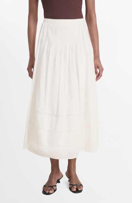 MANGO Pleated Lace Trim Cotton Midi Skirt