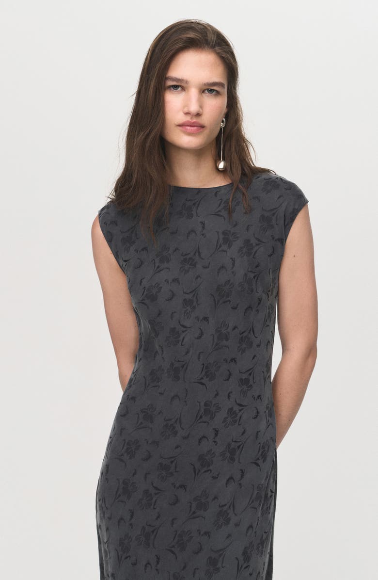 MANGO Satin Floral Jacquard Cap Sleeve Midi Dress, Alternate, color, Charcoal