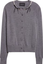 Simone Rocha Classic Long Sleeve Merino Wool & Silk Cardigan with Faux Pearl Detail