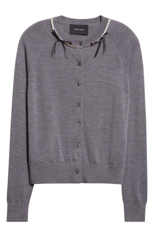 Simone Rocha Classic Long Sleeve Merino Wool & Silk Cardigan With Faux Pearl Detail In Gray