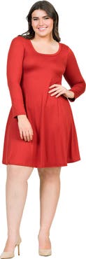 24seven Comfort Apparel Plus Size Classic Long Sleeve Flared Mini Dress