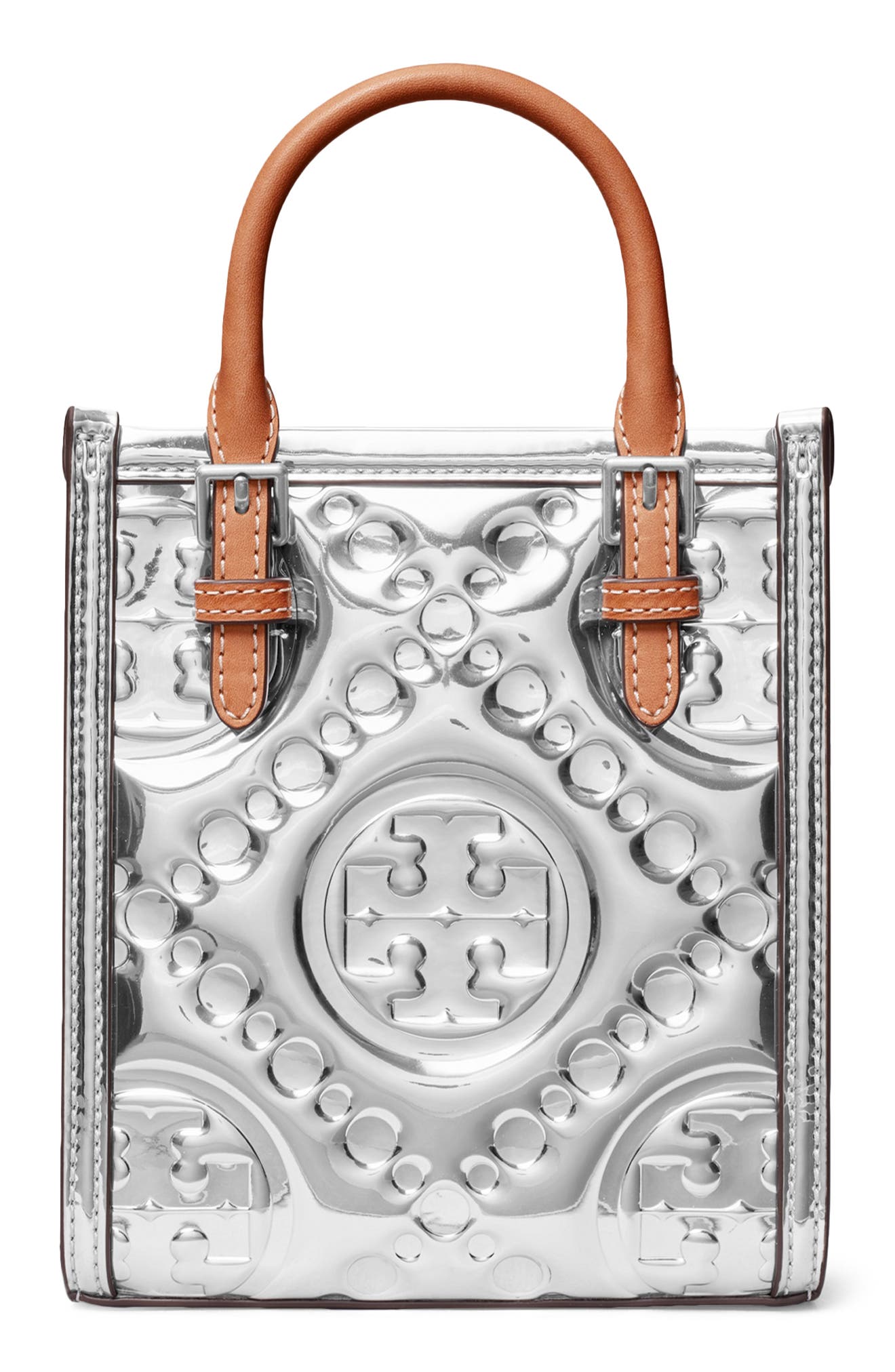 Tory Burch Mini T Monogram Embossed Metallic Tote Bag, Alternate, color, 