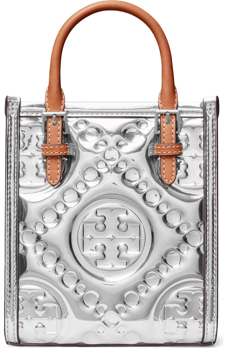 Tory Burch Mini T Monogram Embossed Metallic Tote Bag, Alternate, color,