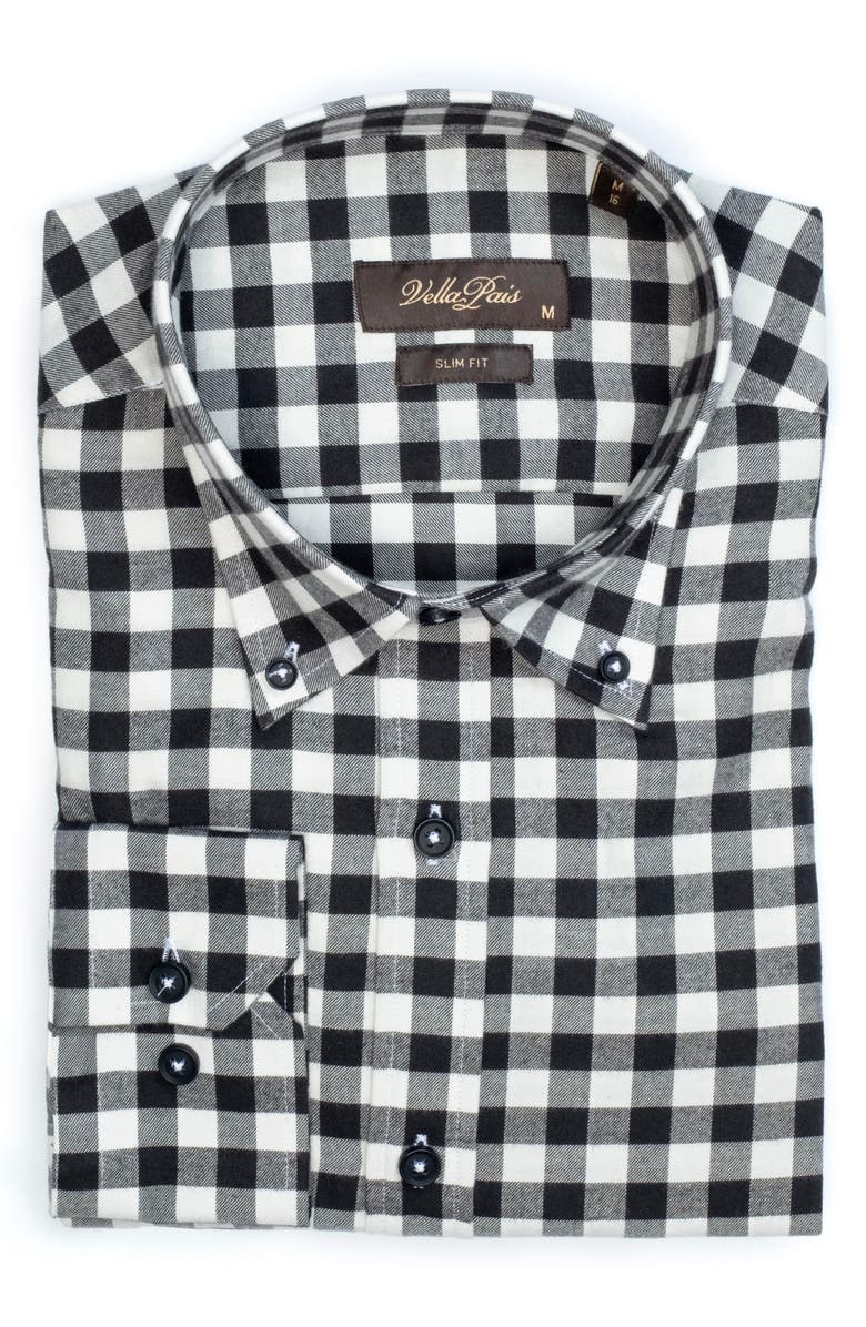 VELLAPAIS Gingham Cotton Slim Fit Button Down Shirt, Alternate, color, Navy Blue