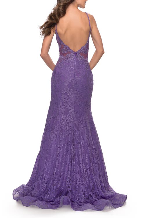La Femme Long Mermaid Lace Dress With Back Rhinestone Detail In Purple