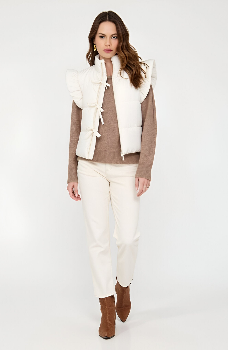 Modenaire Ruffle Shoulder Puffer Vest with Front Tie Closures and Stand Collar, Alternate, color, White