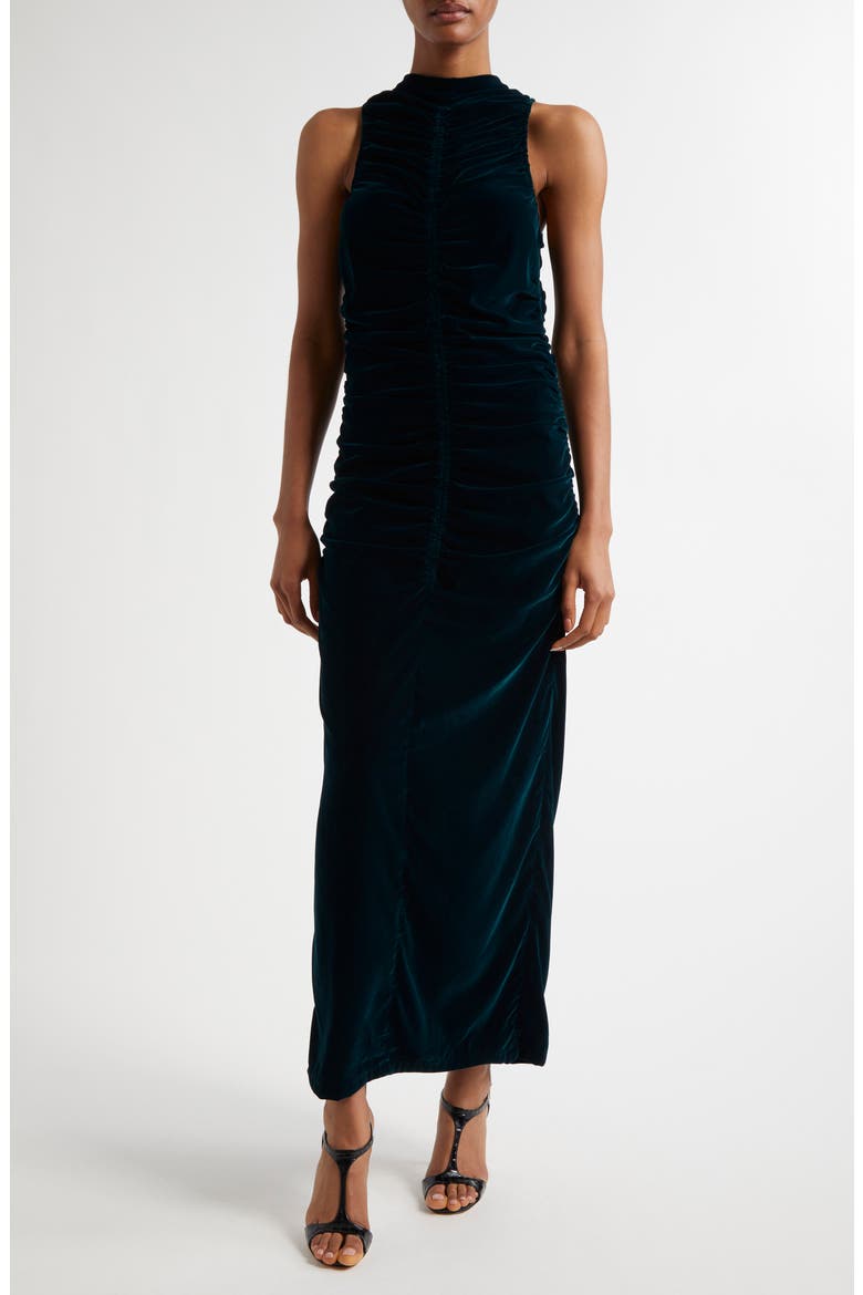 Niva Ruched Sleeveless Velvet Dress, Main, color, TEAL