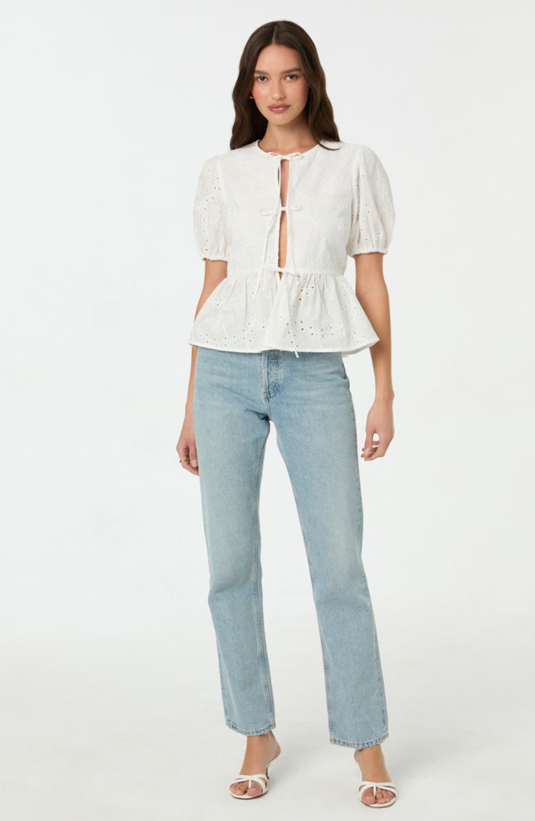 ASTR the Label Eyelet Embroidered Cotton Tie Front Peplum Top, Alternate, color, White