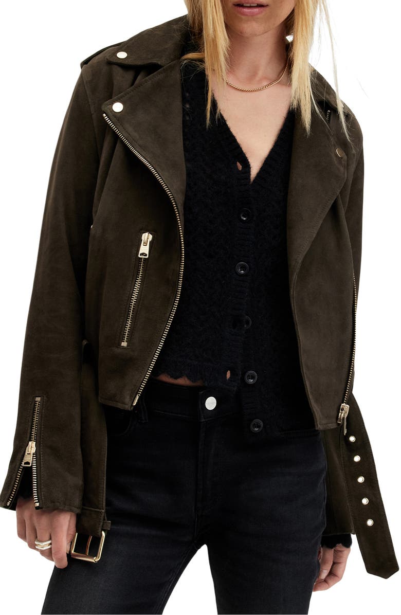 AllSaints Suede Moto Jacket, Main, color, Tarmac Green