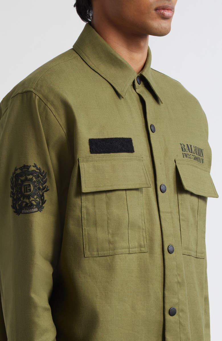 Balmain Small Logo Stamp Canvas Snap-Up Shirt, Alternate, color, 7Cw Kaki